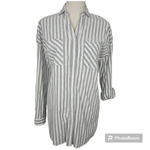 Tunic Shirt Button Down Long Sleeve Grey & White Stripe L Like New!